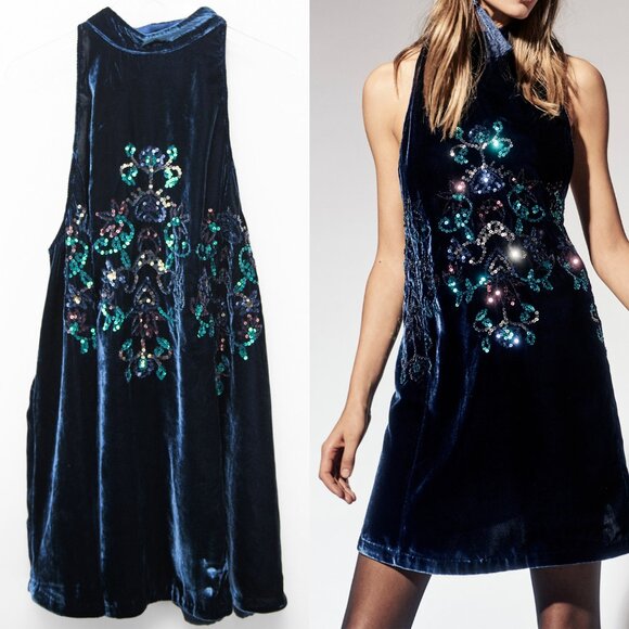 Free People Dresses & Skirts - Free People Jill's Swing Dress Mini Sequins Velvet Navy Blue Size Medium New